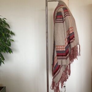 Cozy fringed draped striped cardigan waterfall sweater, high low, XS S